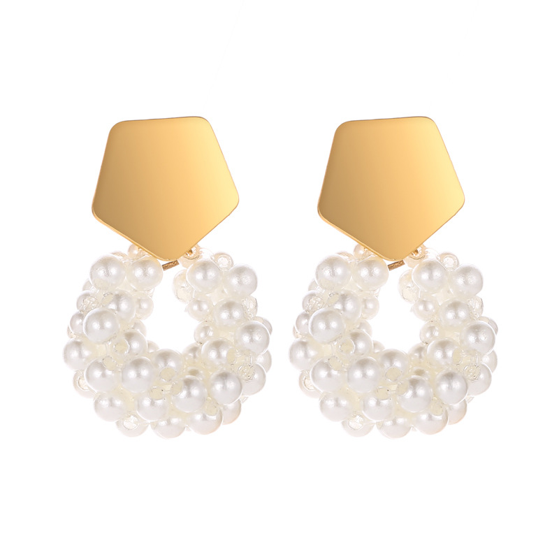 Elegant Pearl Studded Amber Dangle Earrings with Sweet Geometric Design and Minimalist Style