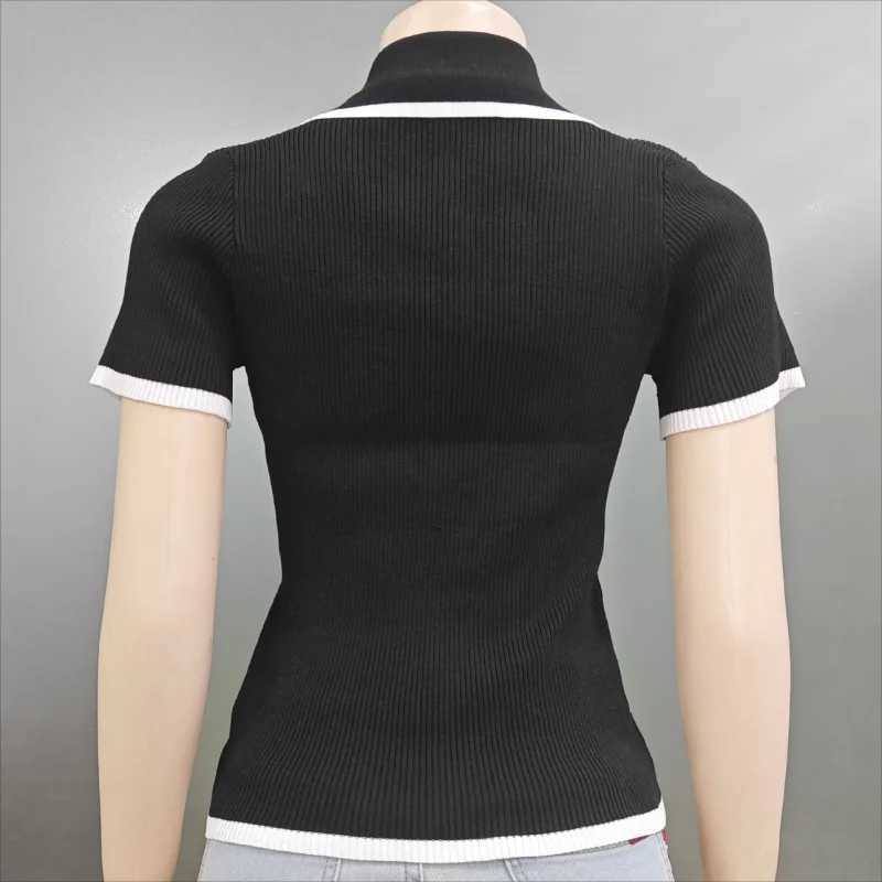 2024 Cross disciplinary Trendy Summer New Womens Knitted Collar Button Comparison Slimming Polo Neck Elegant Fashion Short Top W240927