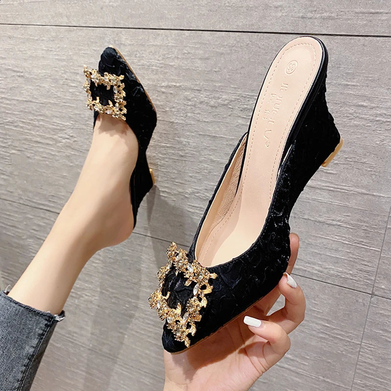 Sparkling Fabric Slider Womens Wedge High Heels Womens Crystal Buckle Slider Babouche Mule Womens Party Bridal Sandals 240925
