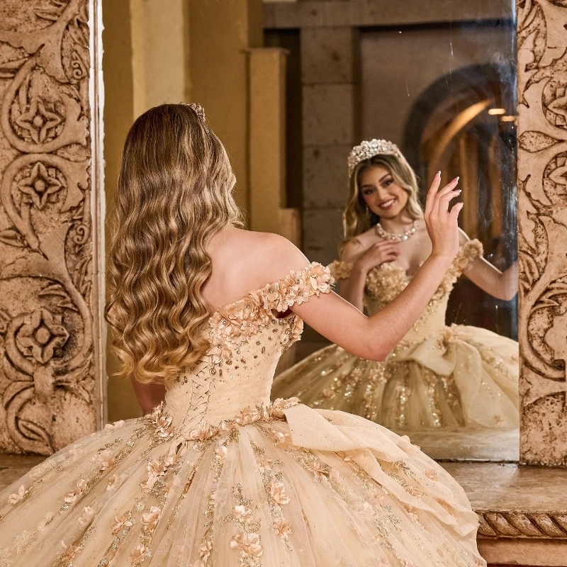 Champagne Shiny Quinceanera Dresses Ball Gown Lace Flower Beading Tulle Lace-Up Backless Party Princess Sweet 16 Dress Vestidos De 15 Anos