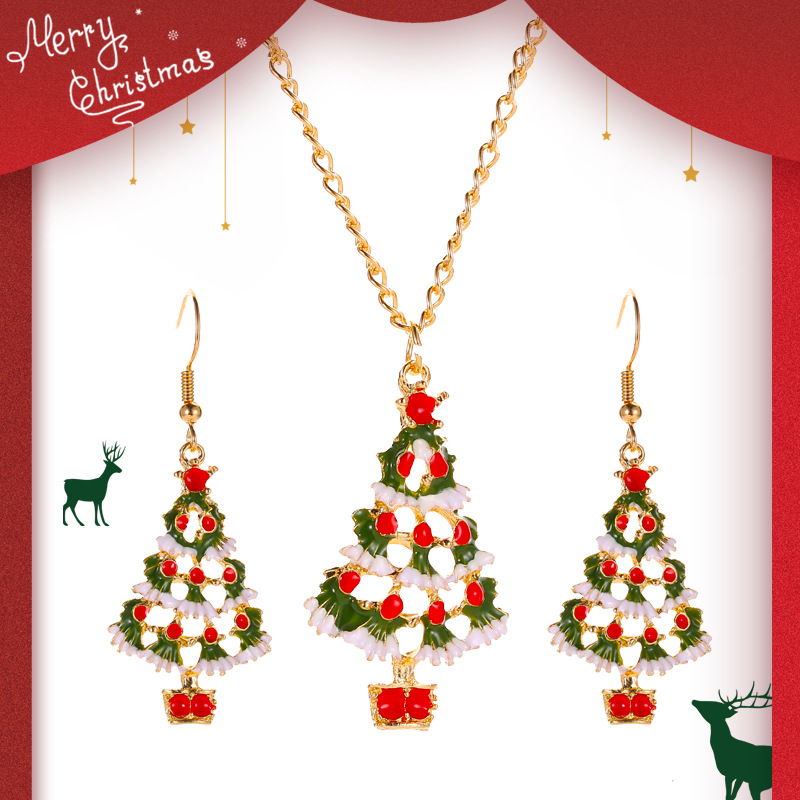 Celebrate Christmas with Our Playful Colorful Jewelry Set Featuring Oily Christmas Trees for Ears and Neck