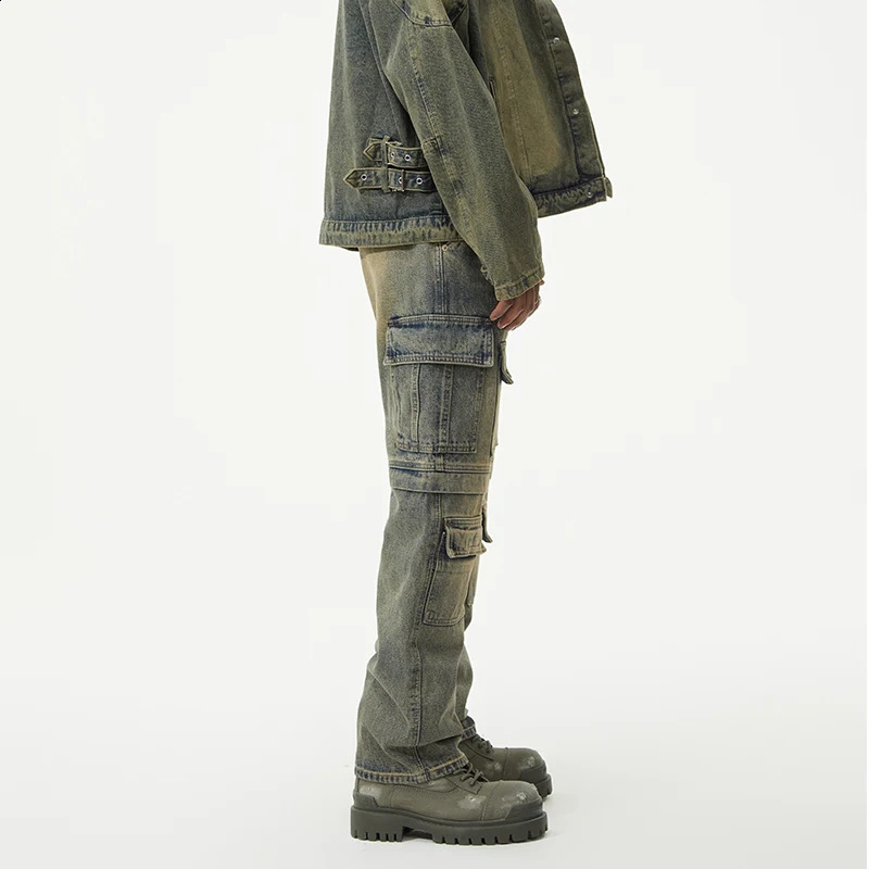 American retro trend loose straight mens jeans autumn and winter personalized workwear multi pocket mens pants 240929