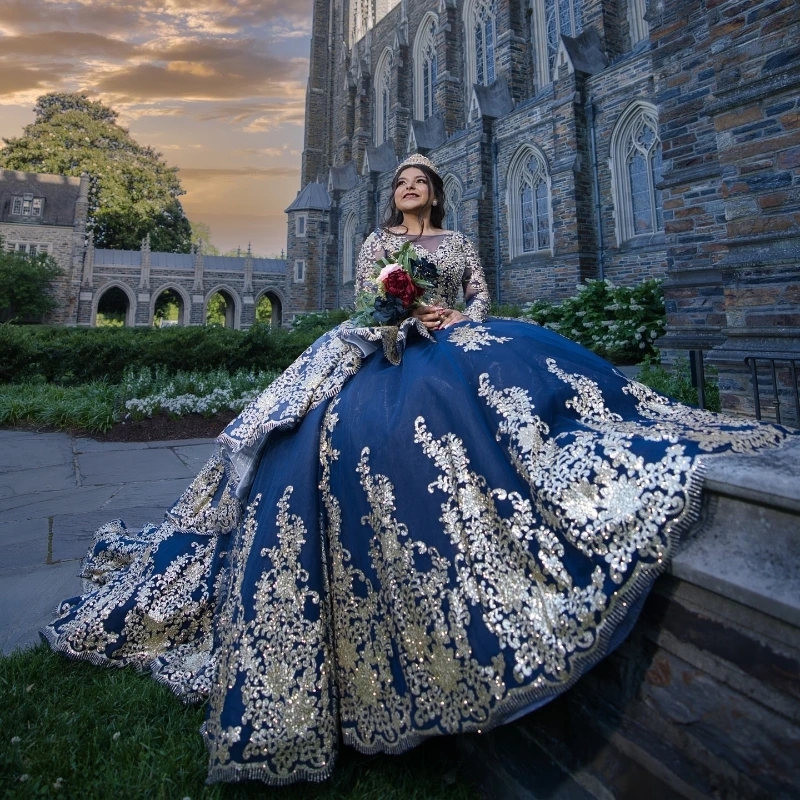Sea Blue Shiny Quinceanera Dresses Ball Gown Long Sleeves Gold Applique Lace Pearl Sweet 16 Dress Party Birthday Vestido De 15 Anos