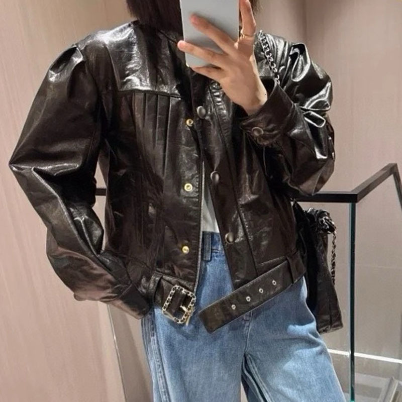 Runway Designer PU Leather Jacket For Womens High Quality Fashion Single Breasted Long Sleeve Stand Collar Coat Autumn Winter New F0924