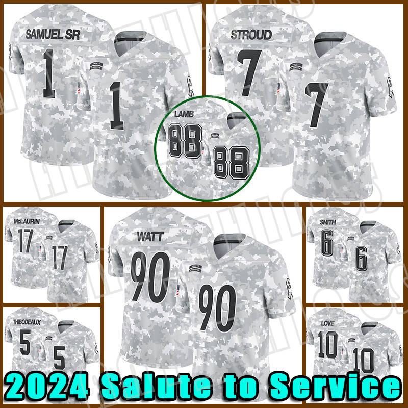 Nick Bosa Love 2024 Salute to Service Football Jersey Brock Purdy CJ Stroud Christian McCaffrey T.J. Watt DK Metcalf Young Terry McLaurin Jalen Hurts Kayvon Thibodeaux