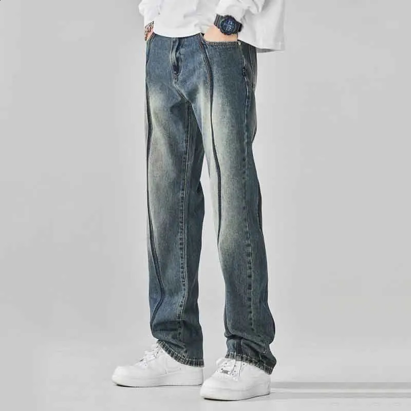 Retro American Street Summer Jeans Mens Pocket Zipper Distressed Trend Versatile Straight Wide Leg Denim Trouser 240926