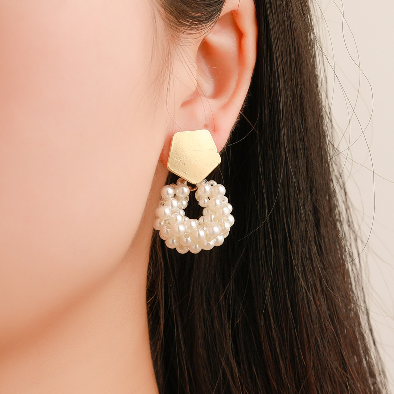 Elegant Pearl Studded Amber Dangle Earrings with Sweet Geometric Design and Minimalist Style