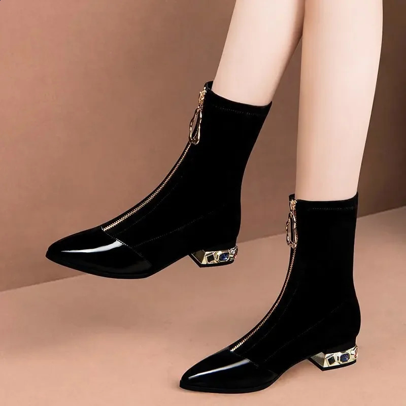 Womens shiny sequined ankle boots winter fashion point front zipper rhinestone square short boots retro motorcycle shoes 55 240926bj - view 3