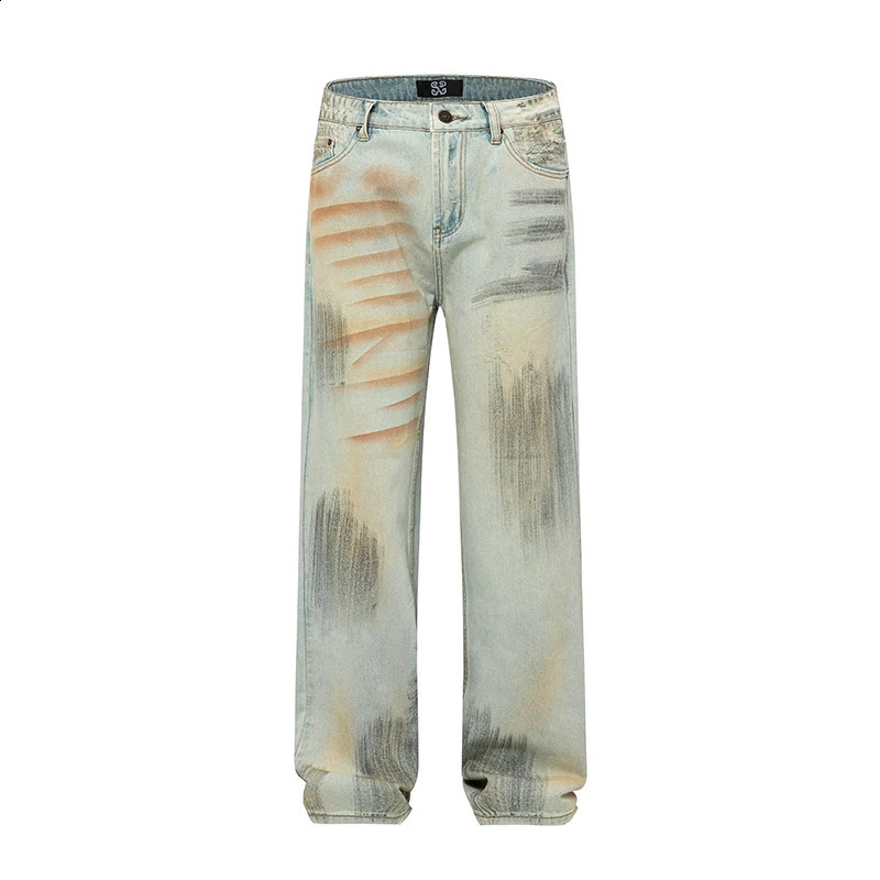 Fall High Street Loose Straight Jeans Personalized Hand-painted Graffiti Retro Blue Mens and Womens Long Pants 240927