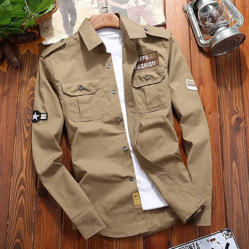 Vintage Khaki Cotton Shirt: Casual Military Slim-Fit Long-Sleeve Jacket With Pocket