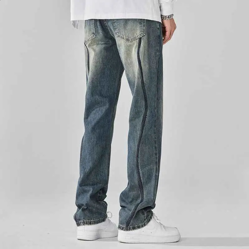 Retro American Street Summer Jeans Mens Pocket Zipper Distressed Trend Versatile Straight Wide Leg Denim Trouser 240926