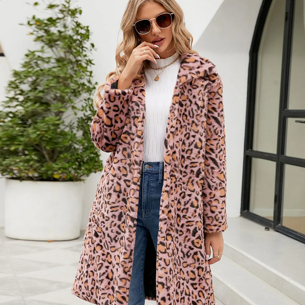 The Winter Leopard Print Fur Wool Lapel Plush Coat Long Warm Fashionable Pink And Green Thick Coat. 240927