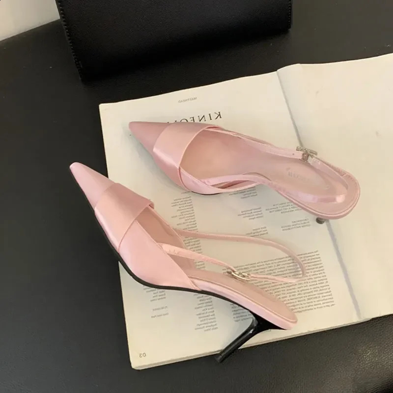Black Pink Satin Dotted Toes Womens Pump Shallow High Heels Womens Strap Sandals Banquet Wedding Shoes 240926