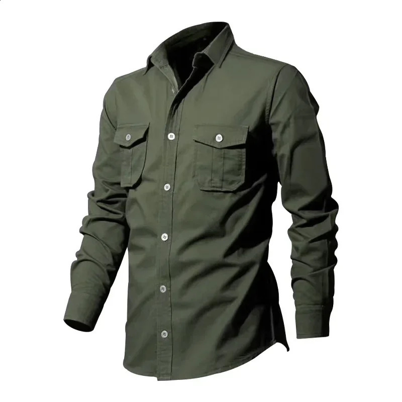 Army Green Tactical Cargo Shirts For Men Chest Two Pockets Long Sleeve Mens TShirt 2024 Trend Casual Loose Shirt Chemise Hombre y240927