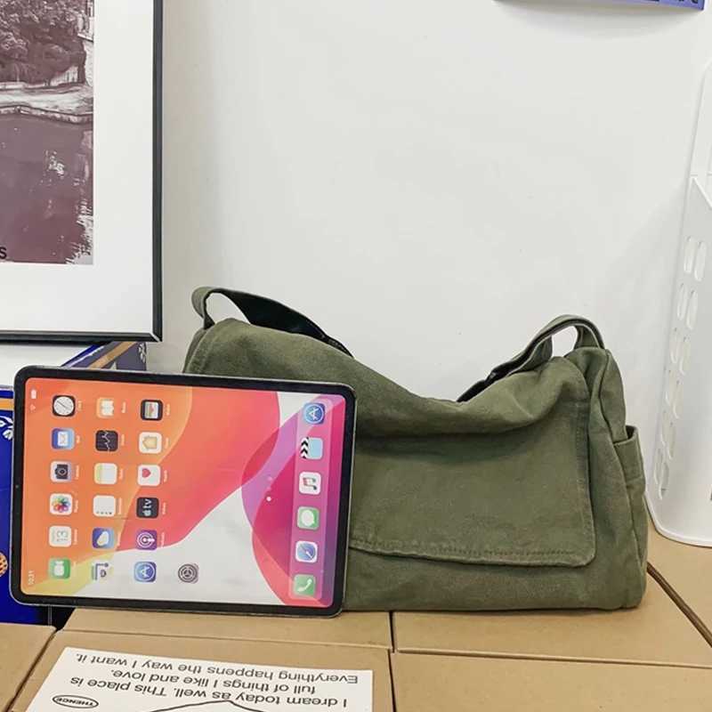 Womens large canvas bag solid color Japanese shoulder bag shopping commuting messenger bag cross body bag Z250225