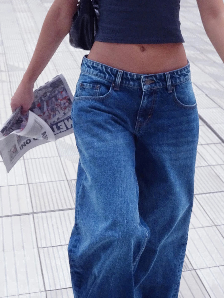 Womens low rise jeans wide legs with multiple pockets super length button with zipper washed denim pants 240927