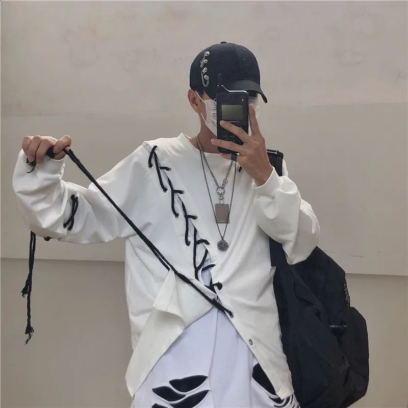 Idopy Japanese Fashion Mens Street Lace Hoodie Punk Loose Stickers er Colorful Hip Hop Sweatshirt 240927