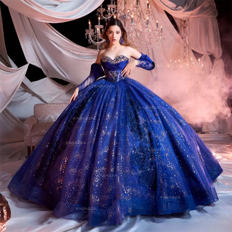 Royal Blue Shiny Quinceanera Dresses Ball Gown Off The Shoulder Beaded Crystal Tull Mexican Sweet 16 Dress vestido xv 15 anos