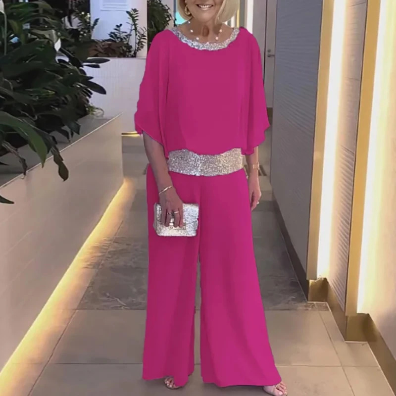 Pink Sequin Spinning Tunic Suit Women Spring O Neck Top Pullover Wide Leg Pants Outfit Summer Batwing Sleeve Loose Chiffon Set 240927
