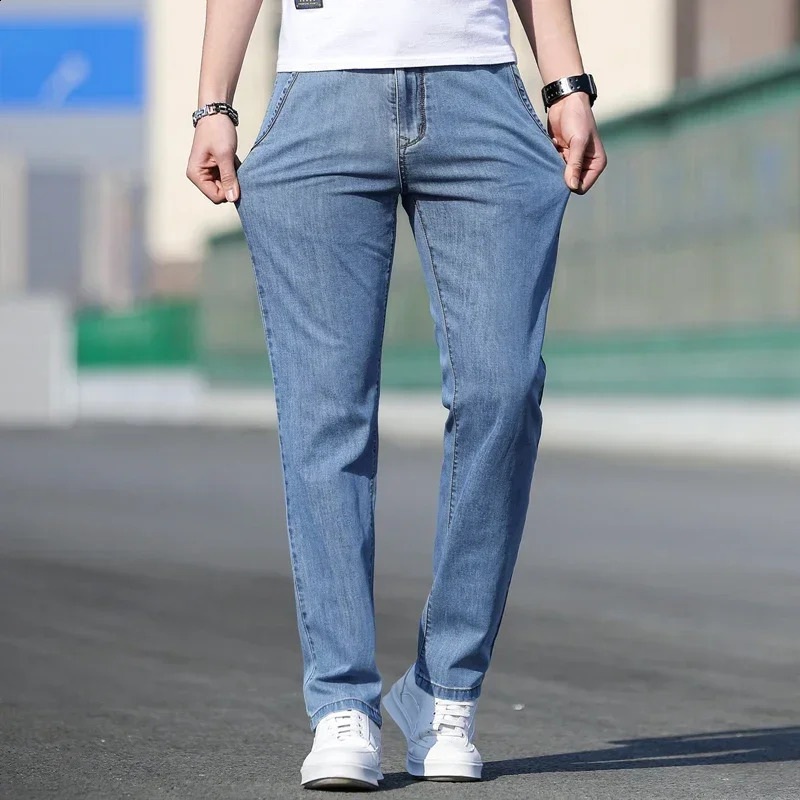 Summer Mens Loose Stretch Grey Jeans Fashion Casual Stretch Straight Leg Denim Pants Mens Light Blue 240926