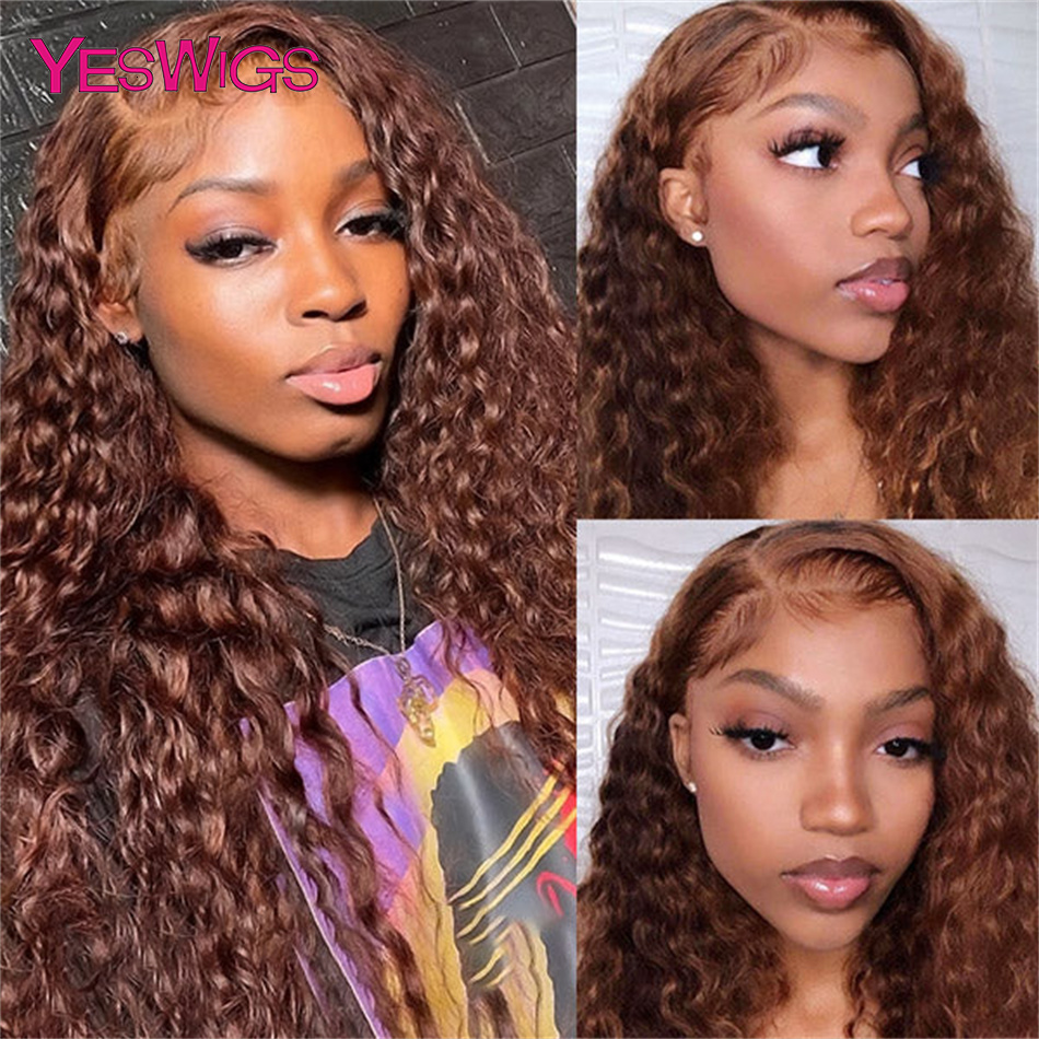 HD 13X4 Kinky Curly Chocolate Brown Front Human Hair Wigs Pre Plucked Colored 13X6 Deep Wave Transparent Lace Frontal Wig Synthetic Hair