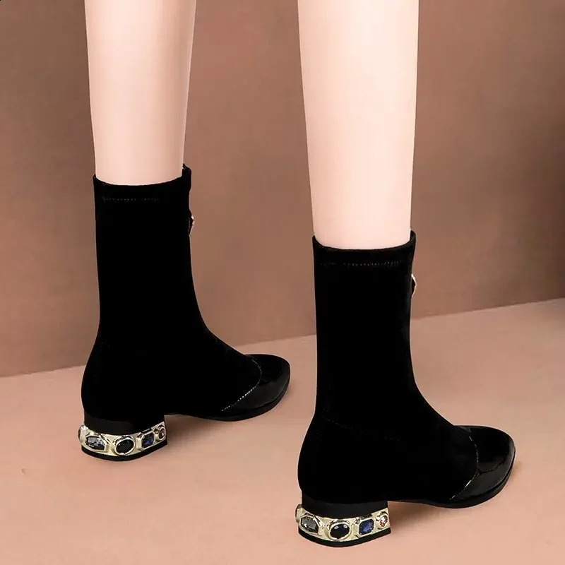 Womens shiny sequined ankle boots winter fashion point front zipper rhinestone square short boots retro motorcycle shoes 55 240926bj - view 5