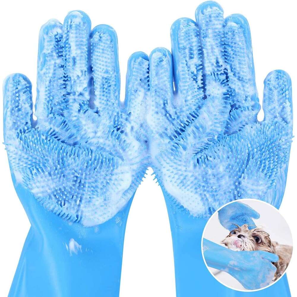 Pecute Pet Grooming - Heat Resistant Silicone Gloves with High-Density Teeth, Enhanced Five Finger Design for Bathing Massaging Dogs and Cats, Blue