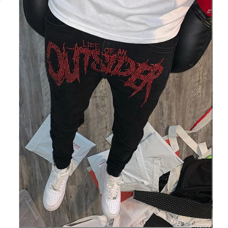 Y2K Mens Trend Casual Black Biker Ripped Jeans Comfort Stretch Street Fit Cotton Trousers Washed Drill Denim Goth Pants 240927
