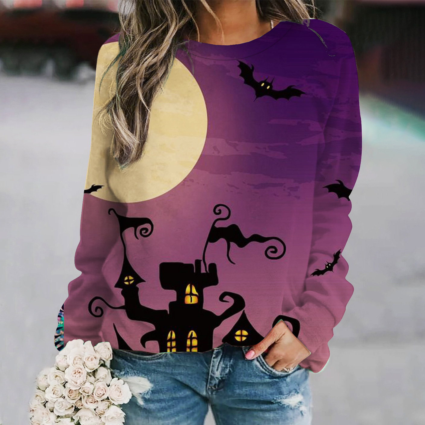 Spooky Vibes: 2024 3D Printed Halloween Pullover with Skull Head & Rose Sleeves dh910320090