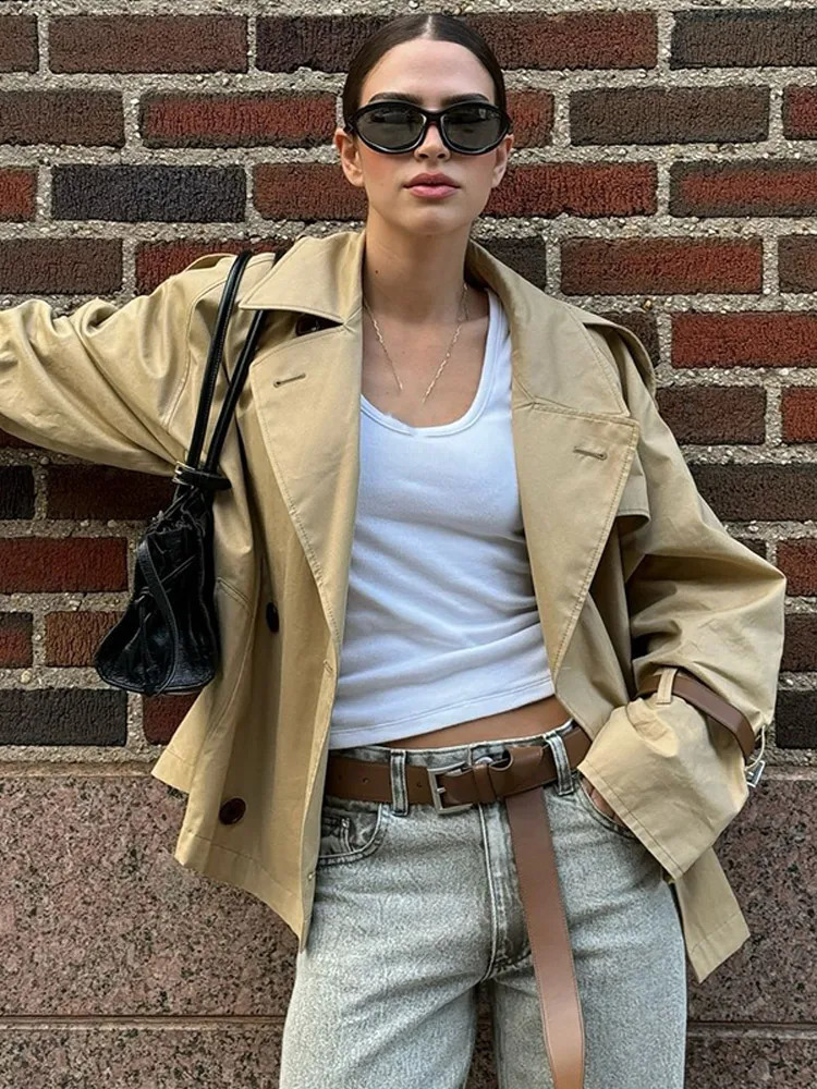 Autumn Women Khaki Double Breasted Cropped Windbreaker Female Casual Lapel Long Sleeve Coat 2024 Female High Streetwear 240919