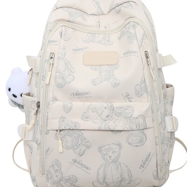 New Korean Style Women's Cute Little Bear Design Women's Backpack Large Capacity High School Student White Blue Backpack Casual Travel Backp