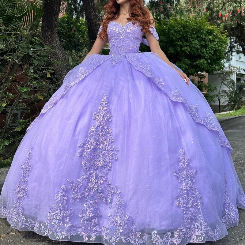 Lavender Ball Gown Quinceanera Dresses Off The Shoulder Birthday Party Vestido De 15 Anos Appliques Lace Beads Tull Sweet 16 Dress
