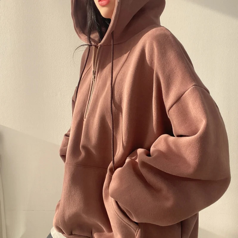 Women Hoodie Harajuku Loose Oversized Solid Color Top Half Zip Up Sweatshirt Female Casual Long Sleeve Pocket Hooded Coats 250113