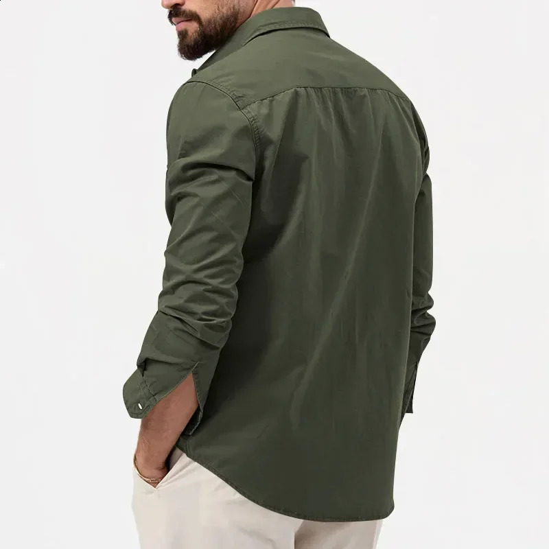 Army Green Tactical Cargo Shirts For Men Chest Two Pockets Long Sleeve Mens TShirt 2024 Trend Casual Loose Shirt Chemise Hombre y240927