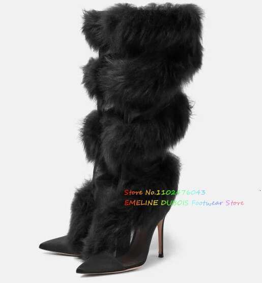 Women's Black Mesh Shearg Knee High Boots Pointed Toe Sexy Spicy Fur Wrapped Stiletto Heel Solid Color Long Boot
