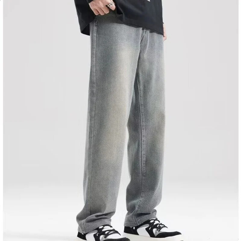 American retro street loose straight blue jeans mens button pocket casual breathable loose wide leg jeans 240926