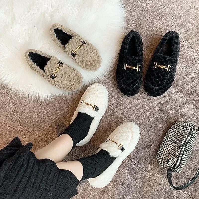 2024 er Lambswool Winter Cotton Shoes Womens Loafers Warm Plush Comfortable Curly Woolen Leather Apartment Leisure Mocassines Unprinted Good Produc 24