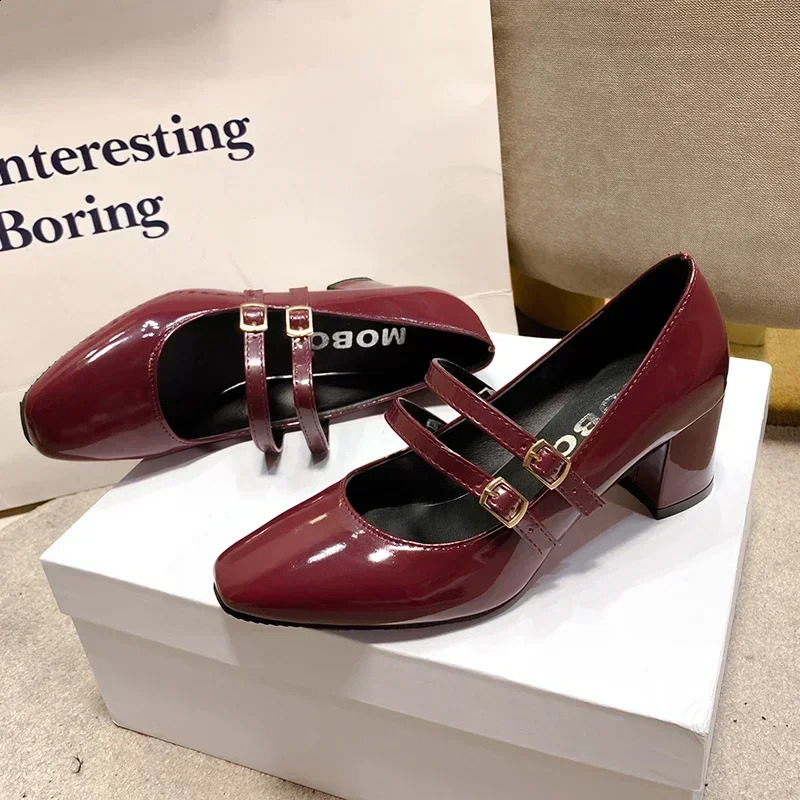 2024 Spring Autumn Women Double Buckle Mary Janes Shoes Patent Leather Dress Square Head Square Heel Solid Color Womens Shoes 240927