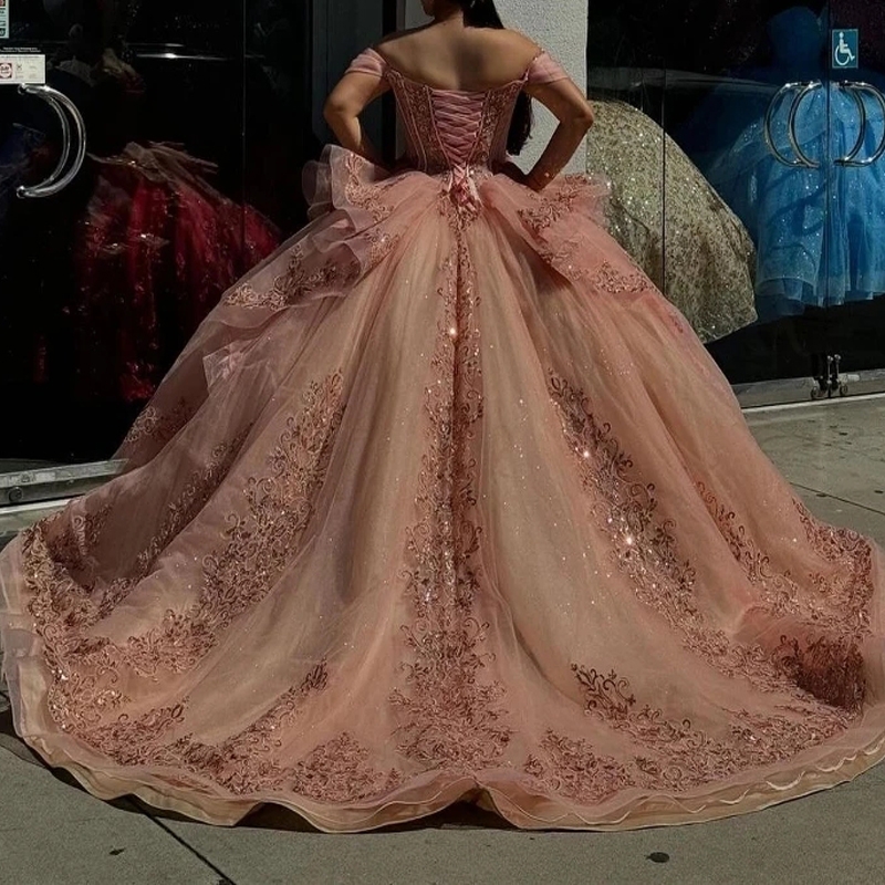 Pink Shiny Quinceanera Dresses Sweetheart Sequin Applique Lace Beads Crystal Tull Ball Gown Vestidos De 15 Anos XV Brithday Sweet 16 Dress