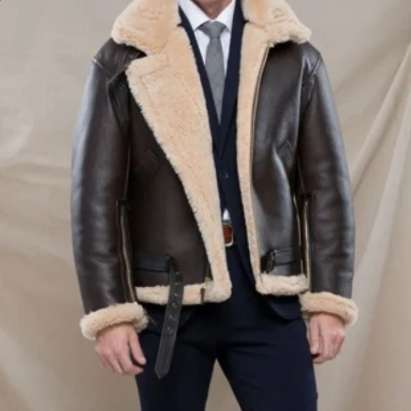Mens Leather Comfortable Thick Warm Integrated Fur Long Sleeve Solid Color Fashion Casual Zipper Jacket 240927