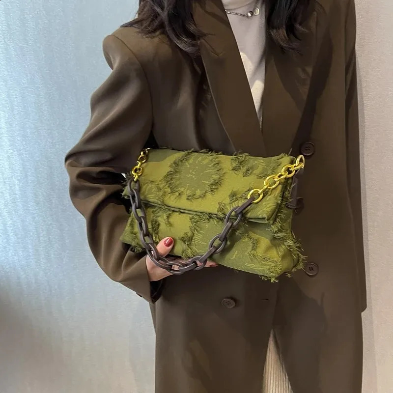 Jacquard Tassel Shoulder Bag For Women Fashion Canvas Crossbody Bags Chain er Small Shoulder Bags Female 240924