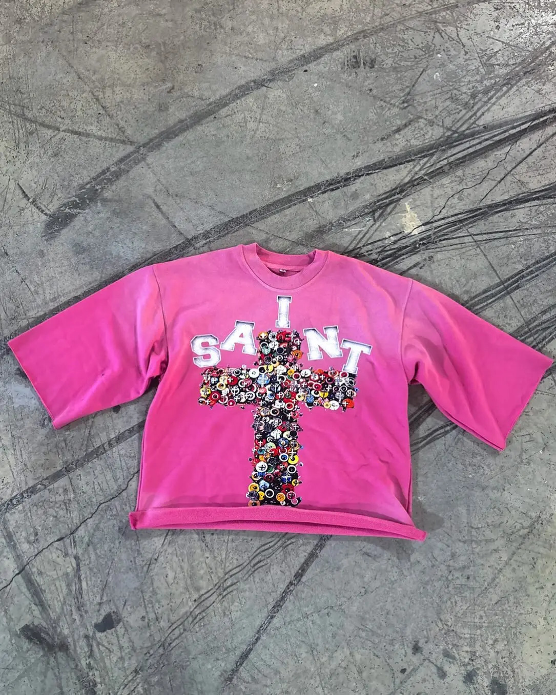 Summer Streetwear Harajuku Retro Cross Pattern Print Oversized Pink T Shirt Goth Casual Cotton Drop Sleeve Short Sleeve Tops 241008