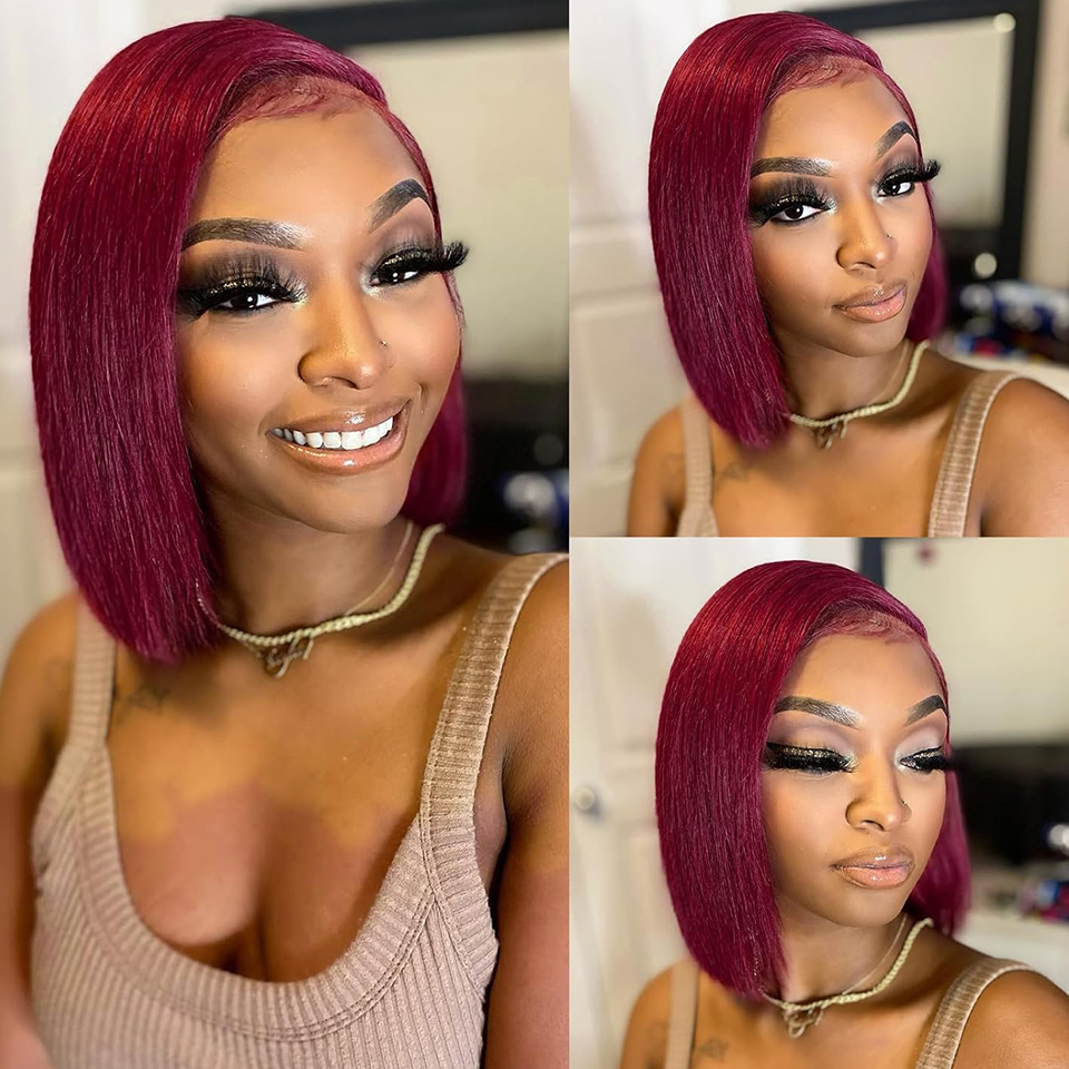 99j Burgundy Bob Wigs Human Hair 13x4 Lace Front Short Bob Wig Pre Plucked 180% Density Red Straight Bob Wig