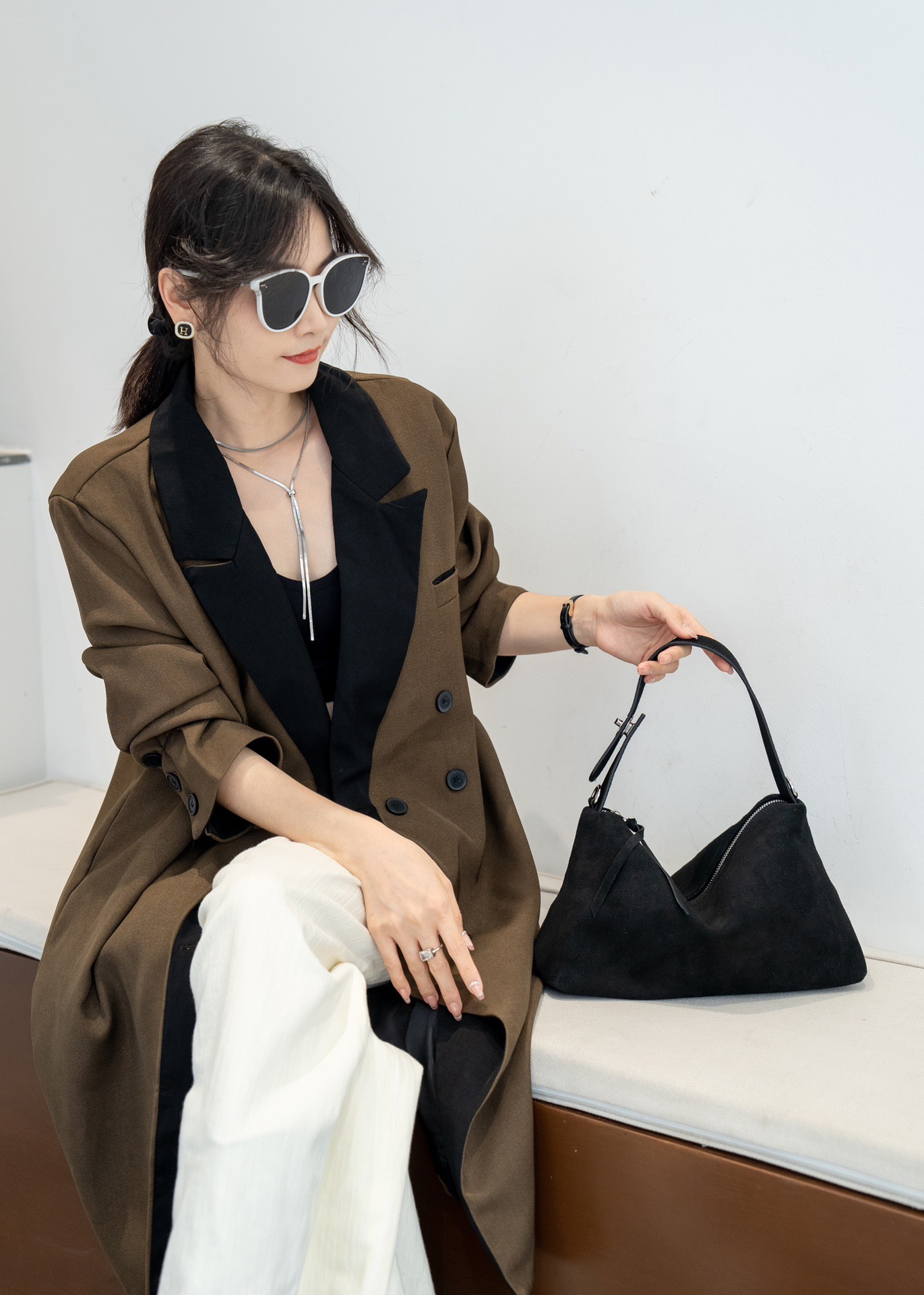 Designer Simple Autumn Winter Colletion Grey Brown Big Boston Tote Soft Matte Suede Cow Leather Women's Handbag Shoulder Bag A Gift For My Girlfr