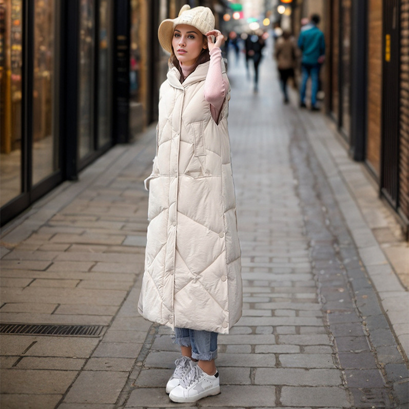Puffer Vest Down Cotton Vest Womens Mid Length Autumn and Winter New Version Long Thick Vest Jacket Trendy Over the Knee Vest