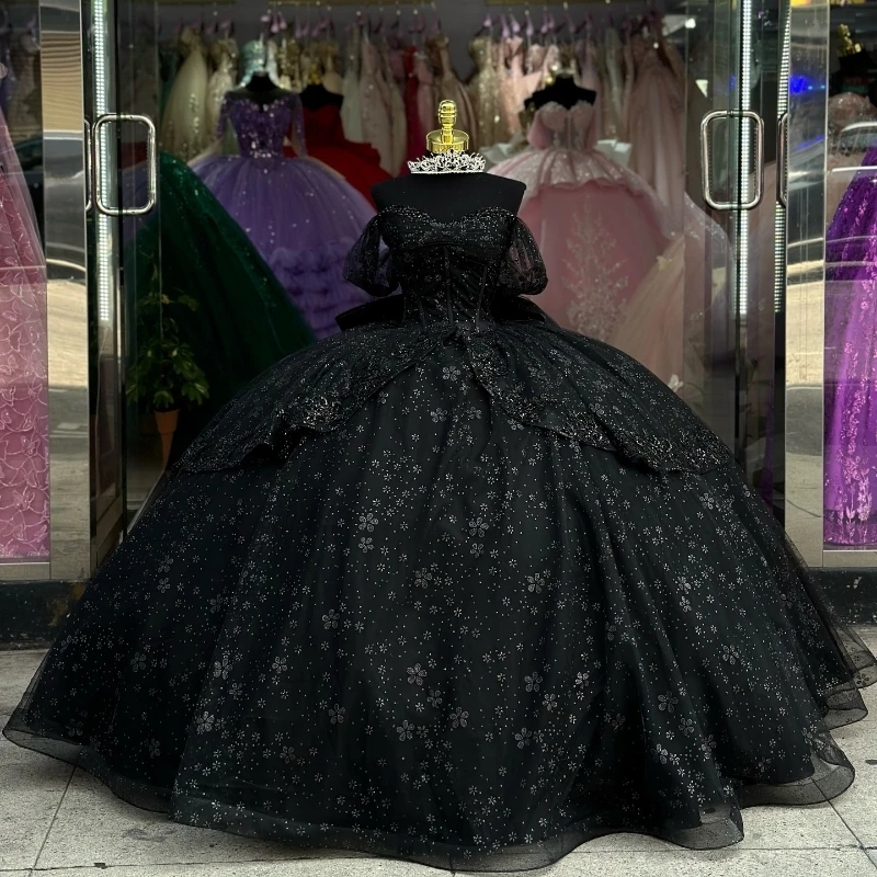 Luxury Black Shiny Quinceanera Dressess Off The Shoulder Ball Gowns Beads Bow Tull Tiered Sweet 16 Dress Vestidos De 15 Anos