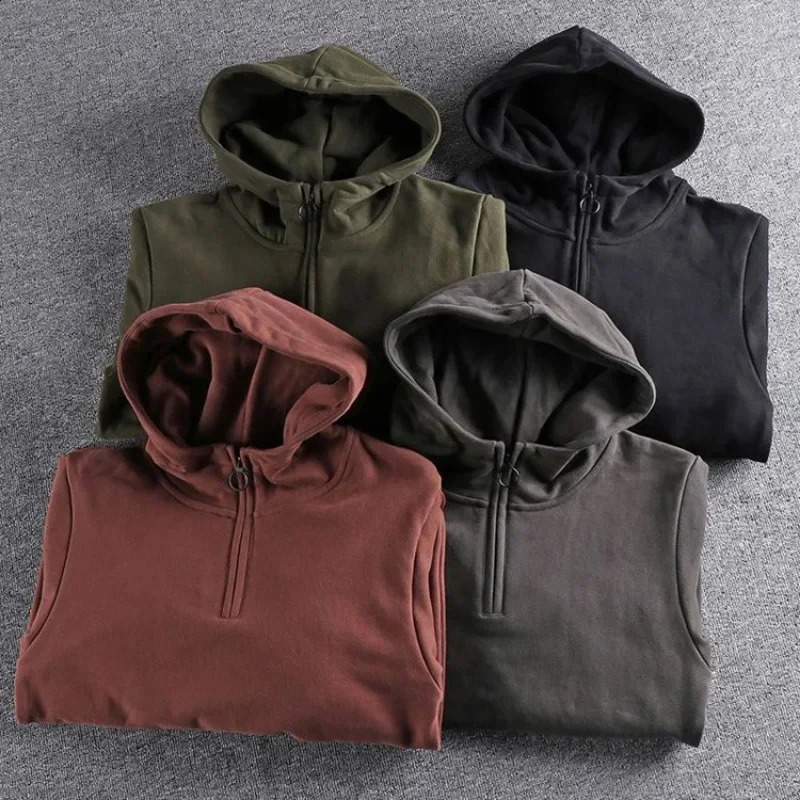 Mens black half zipper mens sports shirt warm hooded sweatshirt solid hooded wool Y2k retro high-quality Korean loose fit 240927