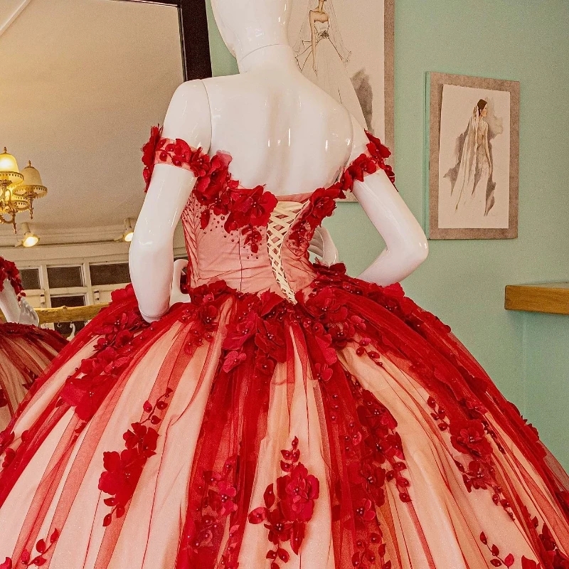 Mexican Red Quinceanera Dresses Off The Shoulder Appliques Flower Beads Crystal Tull Corset Sweet 16 Dress Vestido De 15 Anos