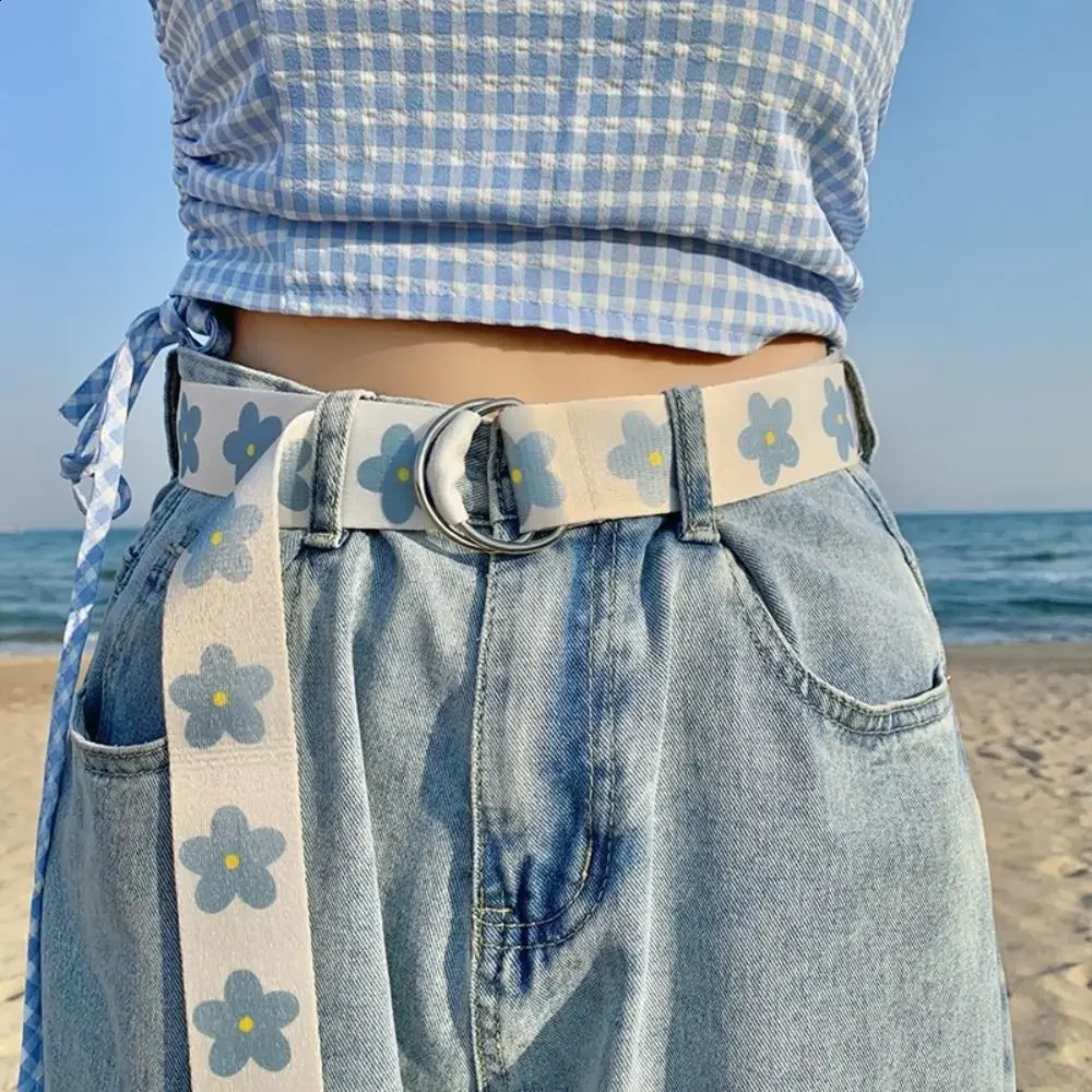 1 piece of blue canvas belt with double loop buckle Versatile nylon woven belt student fashion belt jeans belt 240929
