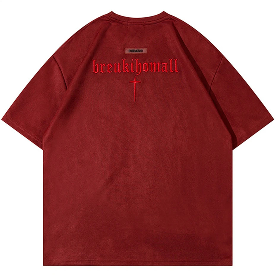 Hip Hop Suede T Shirts Letter Embroidery Oversized Harajuku Streetwear Tshirts Men Summer Loose Casual Tee Shirt Tops 240929